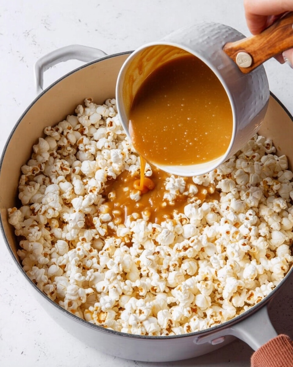 A large white pot filled with white and light yellow fluffy popcorn. A woman's hand holding a white saucepan with a wooden handle is pouring warm, melted caramel sauce, which is a smooth, rich golden brown color, onto the popcorn. The surface beneath the pot is a white marbled texture, and some raw yellow popcorn kernels are seen at the bottom right corner of the image. Photo taken with an iphone --ar 4:5 --v 7