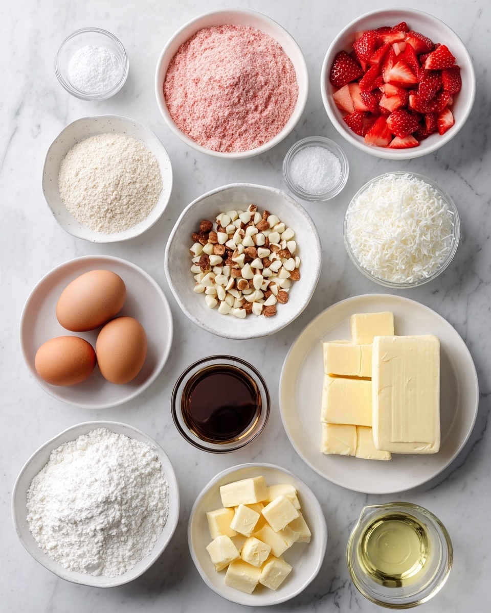 The image shows a top-down view of various small white bowls and plates arranged on a white marbled surface. There are eleven containers filled with different ingredients: one bowl with light pink powder, one with bright red chopped strawberries, one with small white chocolate chips, one with light brown chopped nuts, one with three brown eggs, one with white shredded coconut, one with a block of cream cheese on a white plate, one with yellow butter cubes, one with yellow softened butter, one small bowl with dark brown vanilla extract, and one white bowl with white powdered sugar. There is also a clear glass measuring cup with water and a small glass bowl with light yellow oil. All containers are neatly spaced and the lighting is bright and even. photo taken with an iphone --ar 4:5 --v 7