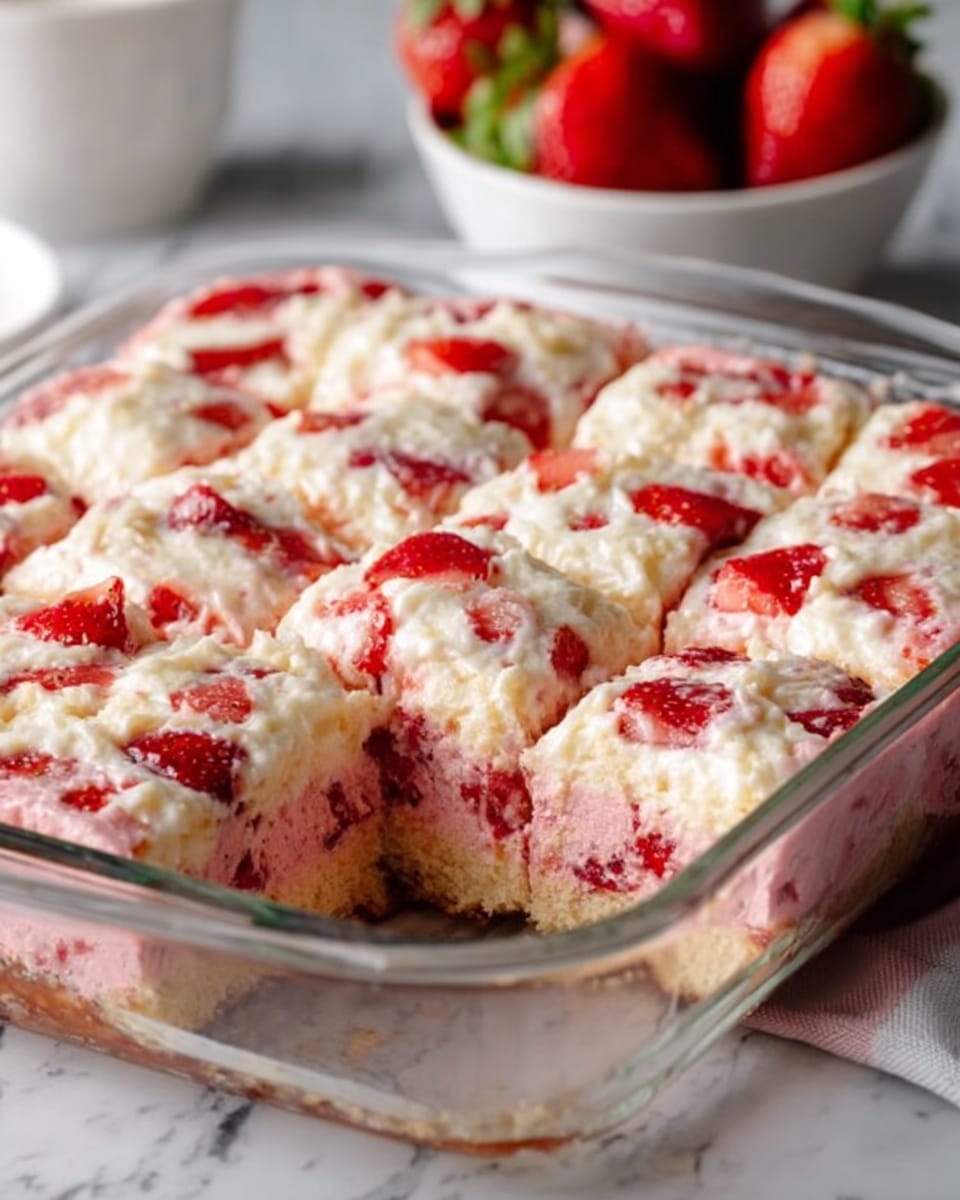 The image shows a glass baking dish filled with a square pink cake base, topped with a creamy white layer that has a soft texture, and punctuated with bright red strawberry pieces scattered through the top and creamy layer. The cake is cut into square pieces but still inside the baking dish. The background surface has a white marbled texture, and there is a small white bowl filled with fresh strawberries slightly blurred in the background. Photo taken with an iphone --ar 4:5 --v 7