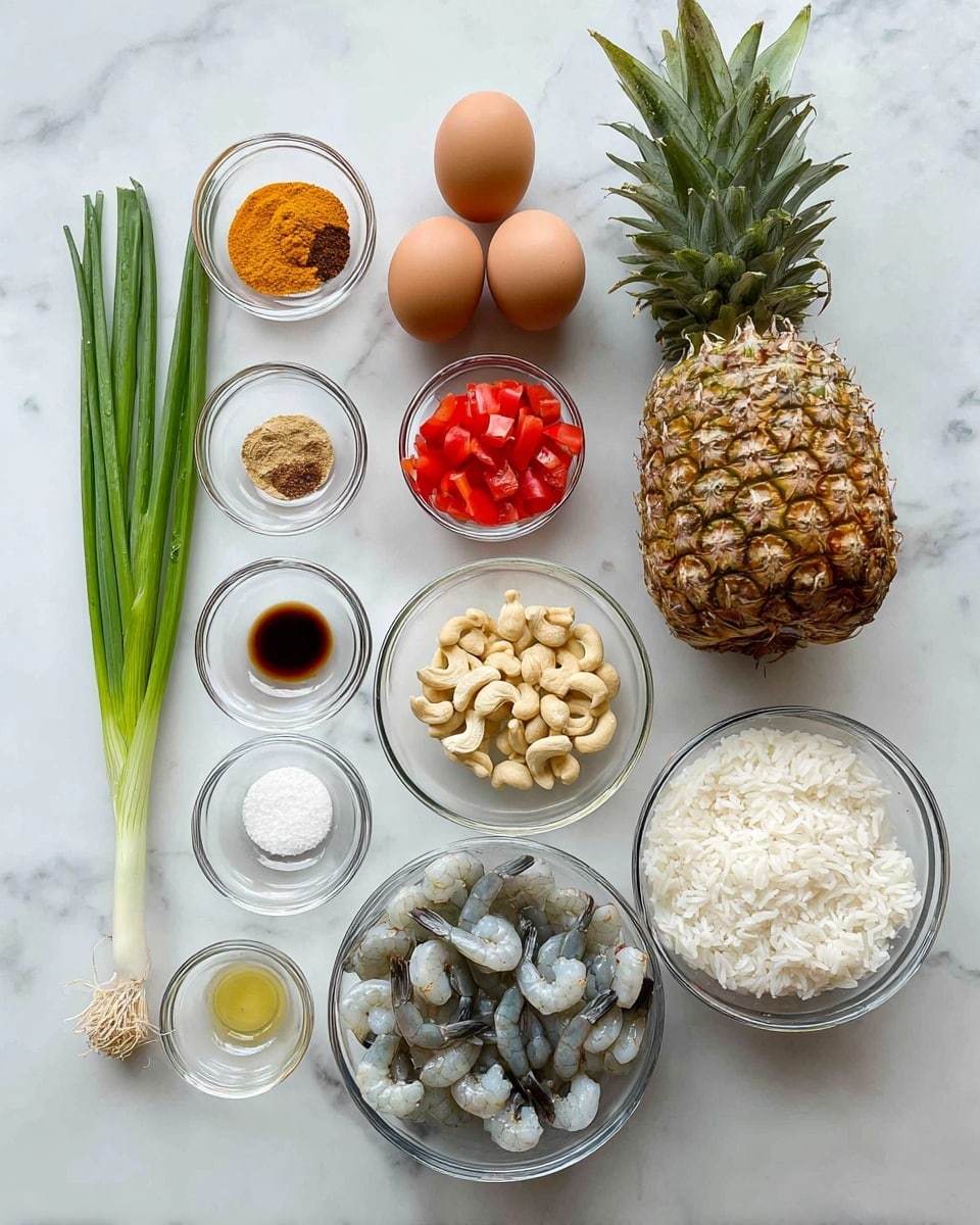 A set of fresh ingredients is neatly arranged on a white marbled texture. At the top right is a whole pineapple with green spiky leaves and yellow skin. Below the pineapple, there are two clear glass bowls; the larger one is filled with cooked white rice, and the smaller one has chopped white onions. To the lower left, another clear bowl contains raw shrimp with gray and white tones. Near the middle center, a smaller clear bowl holds red chopped tomatoes. Two brown eggs lie just left of the tomatoes. A small clear bowl with light brown cashew nuts sits above the tomatoes. To the top left, six small white bowls with blue edges contain various ingredients including ground yellow spice, dark soy sauce, white salt, light brown liquid, white powder, and a small amount of green herb seasoning. Two stalks of green onions with white roots lie vertically on the left side. The photo taken with an iphone --ar 4:5 --v 7