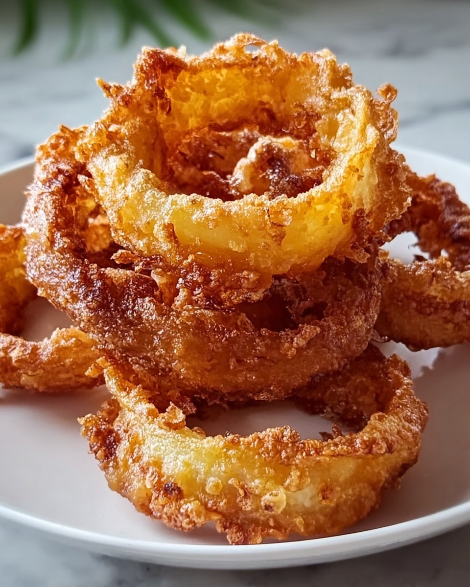 A small pile of golden-brown fried onion rings sits in the middle of a white plate. Each onion ring has a rough, crispy texture with uneven edges showing a crunchy coating. The rings are stacked loosely, with some lighter areas of yellows and golden color visible through the darker fried parts. The plate rests on a white marbled surface, and the photo captures the detailed texture and shine of the fried batter. photo taken with an iphone --ar 4:5 --v 7