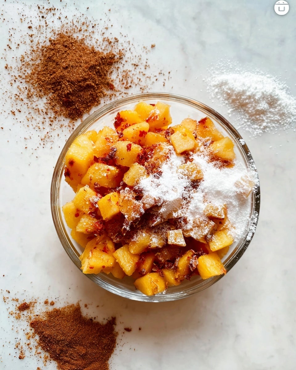 A clear glass bowl sits on a white marbled surface, filled with small, bright orange chunks of peach. On top of the fruit, there are two piles of powder spices; one is a white, fine powder, while the other is a brown, granular spice. The peaches look fresh and juicy, with some red blush showing on their edges. The bowl is centered in the image, showing a clear view of the ingredients before mixing. Photo taken with an iphone --ar 4:5 --v 7