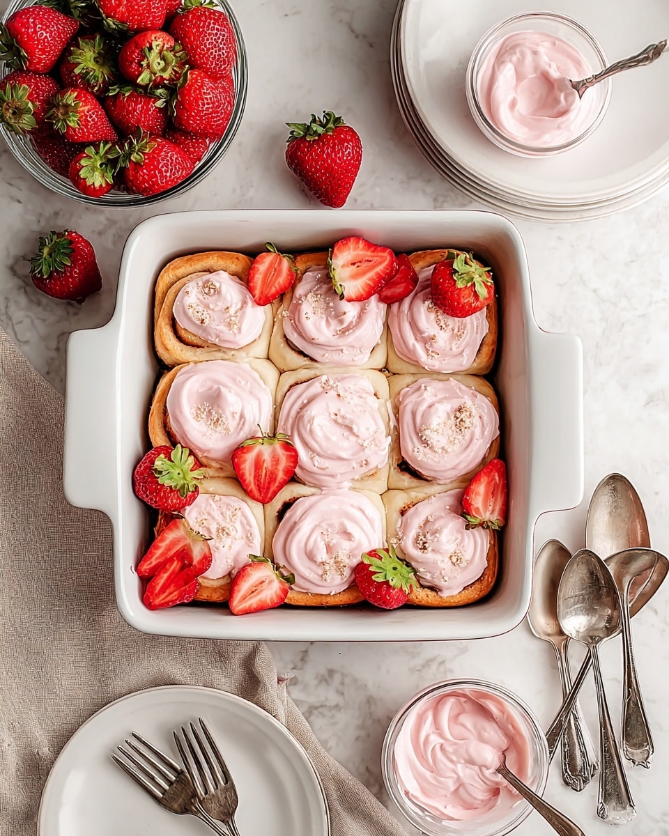 A white square baking dish holds nine cinnamon rolls arranged in a 3x3 grid, each roll topped with smooth, swirled pink frosting and some sprinkled with light brown sugar. Fresh red strawberries, both whole and sliced, are placed on top of and around the rolls, adding bright color and texture. To the left of the dish, a clear glass bowl filled with whole strawberries sits on a beige cloth. Below the dish, a white plate holds three silver forks, while the lower right corner shows a clear bowl of pink frosting with a spoon dipped inside. On the right, two vintage silver spoons lie on the white marbled surface near a set of stacked white plates. photo taken with an iphone --ar 4:5 --v 7