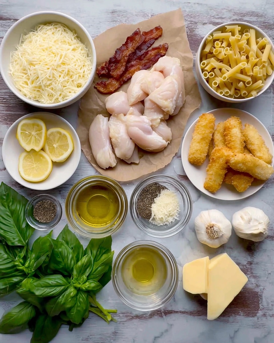 The image shows a variety of ingredients neatly arranged on a white marbled surface. In the top left, there is a white bowl filled with shredded cheese next to two lemon halves showing a bright yellow inside. At the center top, three raw pale chicken pieces lie on a piece of brown paper with three crispy strips of cooked bacon placed on top of them. To the upper right, there is a white bowl containing coiled pasta and a small white plate with four golden brown cooked chicken tenders or strips. Several clear glass bowls hold different items, including a creamy liquid, golden oil, a dark liquid, peeled garlic cloves, and finely grated cheese mixed with black pepper. Fresh green basil leaves are placed on the left and bottom center of the image, along with two whole garlic bulbs near the bottom. In the center, there are a few slices of yellow cheese stacked slightly overlapping each other. The scene is well-lit and clear, with a close-up view emphasizing the textures and colors of the ingredients. photo taken with an iphone --ar 4:5 --v 7