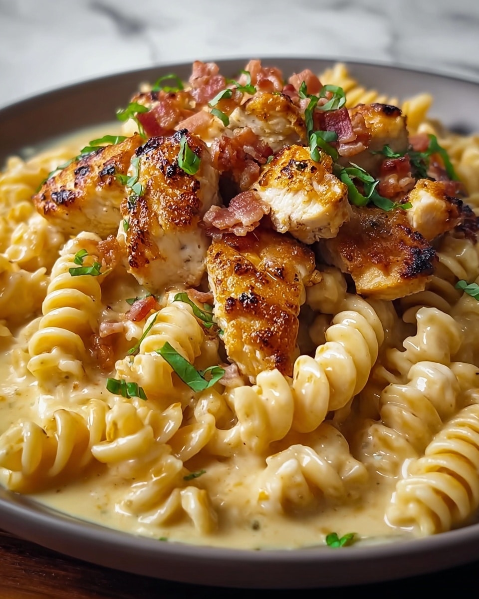 The image shows a dish with three main layers. The bottom layer is a creamy sauce with a light yellow color and smooth texture that covers the plate's base. On top of this sauce, there is a thick layer of spiral pasta, light beige color with a shiny surface from the sauce, tightly packed and twisted. The top layer consists of several golden-brown grilled pieces of chicken, slightly charred, surrounded by small bits of crispy bacon, and garnished with thin slices of fresh green basil leaves. The dish is served in a white bowl placed on a white marbled surface. Photo taken with an iphone --ar 4:5 --v 7