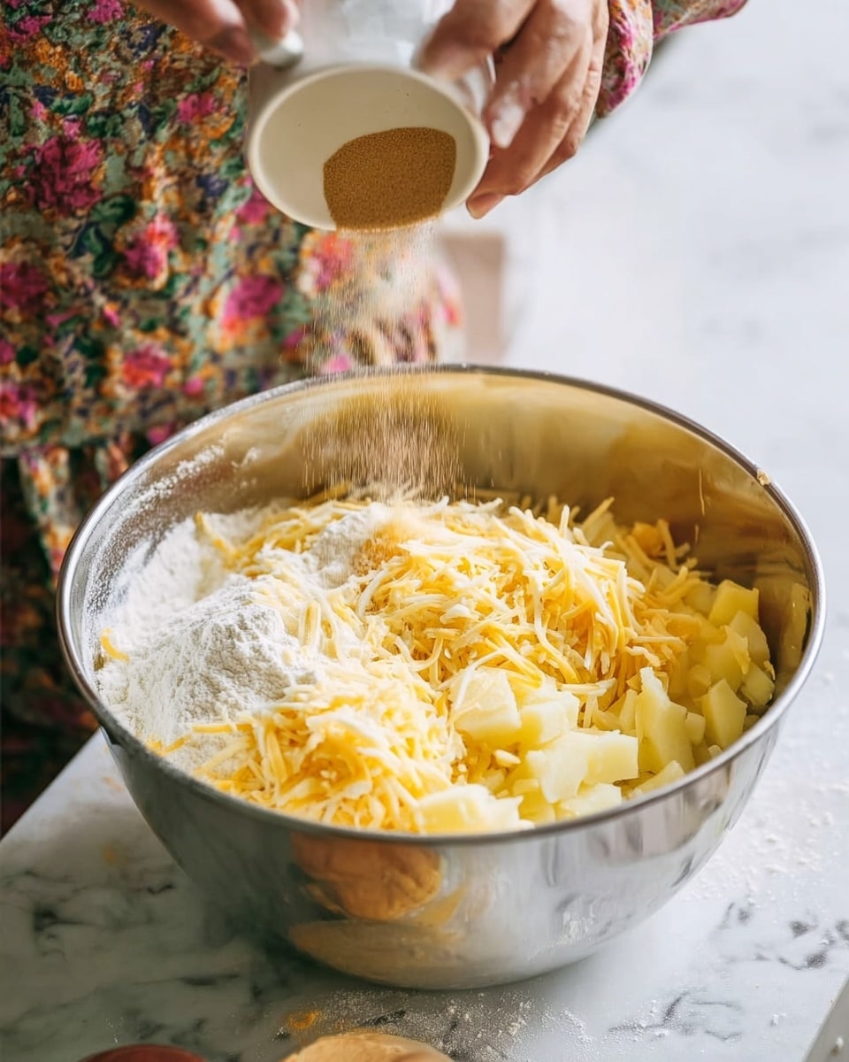 A close-up view of a silver mixing bowl on a white marbled surface, filled with several layers: at the bottom, there are light yellow diced potatoes, followed by a thick layer of shredded yellow and white cheese on top, with a small amount of white flour-like powder on one side; above the bowl, a woman's hand is pouring a light brown powdery spice from a small white cup into the bowl, with some spice dust falling inside, while the other woman's hand steadies the bowl, both hands wearing clothes with floral patterns. Photo taken with an iphone --ar 4:5 --v 7