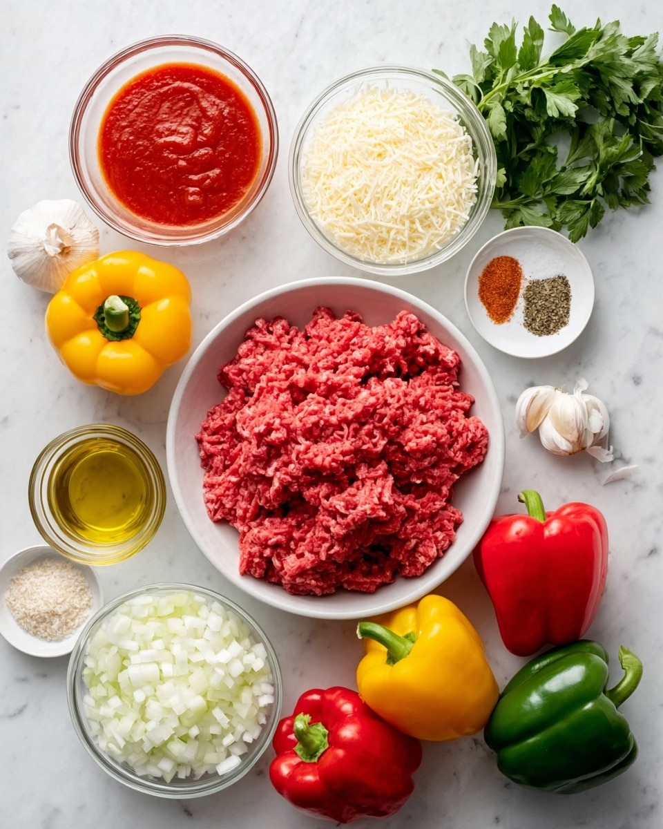 A white bowl filled with bright red ground meat is placed in the center on a white marbled surface, surrounded by colorful fresh bell peppers in red, yellow, and green shades. To the right of the meat is a white bowl filled with finely chopped white onions, and beside it is a larger white bowl containing red tomato sauce. On the left of the meat is a glass bowl with white grated cheese, next to it a smaller container with amber cooking oil, and near that are small piles of light brown spices, garlic cloves, and a small bowl filled with white rice. Fresh green leafy herbs rest at the top right corner of the layout. The scene is bright and neatly organized, emphasizing the fresh ingredients ready for a meal. photo taken with an iphone --ar 4:5 --v 7