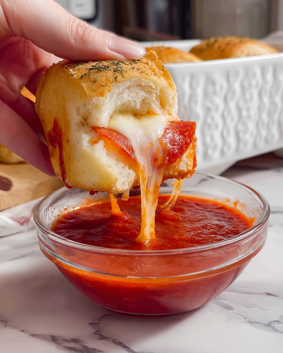 A close-up of a small sandwich being dipped into a clear glass bowl filled with thick red tomato sauce on a white marbled surface. The sandwich has three visible layers: golden-brown soft bread on top with herbs, melted white cheese stretching out from inside, and bright red pepperoni slices beneath the cheese. A woman's hand is holding the sandwich from the left side, showing the soft texture of the bread and the stretchy cheese as it touches the sauce. In the background, there is a white textured casserole dish and kitchen items slightly out of focus. Photo taken with an iphone --ar 4:5 --v 7