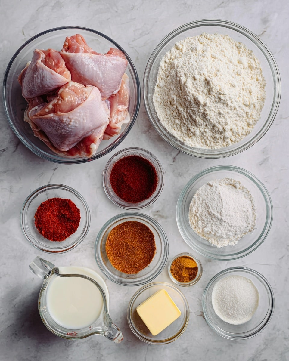 The image shows several clear glass bowls and one white bowl arranged on a white marbled surface, each filled with different cooking ingredients. There are two larger clear glass bowls: one holds raw chicken thighs with a pinkish color and some fat, and the other contains white flour piled up in the center. Around them are smaller clear glass bowls with various powders and spices, including two bowls with reddish spices, two bowls with white powders, and one bowl with a yellow solid piece of butter. There is also a small bowl with a dark liquid and a clear measuring cup filled with milk, all placed neatly together. Photo taken with an iphone --ar 4:5 --v 7
