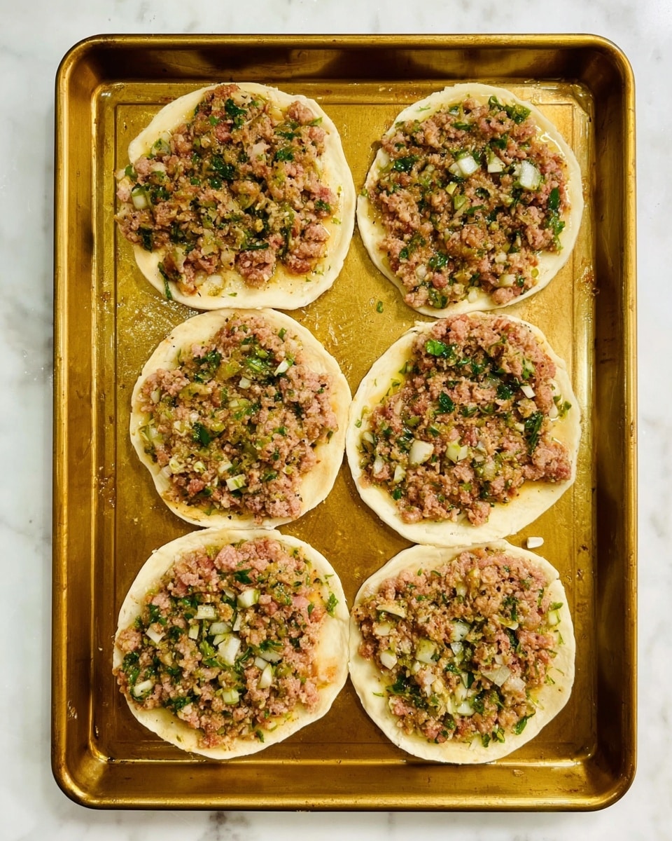 The image shows seven round flat pieces of dough placed on a gold baking sheet, each topped with a layer of raw minced meat mixed with green herbs and chopped white bits. The meat layer is spread thinly and evenly, covering most of the dough surface. The mixture has a rough texture with visible chunks and green specks all over. The baking sheet sits on a white marbled surface. photo taken with an iphone --ar 4:5 --v 7