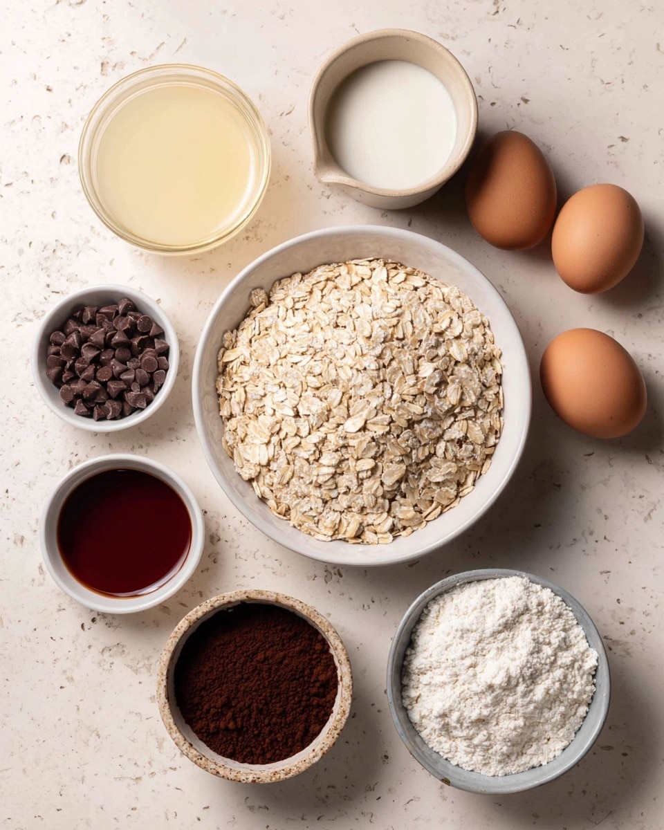 The image shows a top view of several ingredients arranged on a white marbled surface. In the center, there is a white bowl filled with light tan rolled oats. Surrounding it, starting from the top left and going clockwise, there is a clear glass filled with a light yellow liquid, a beige cup filled with white milk, a white cup with dark brown chocolate chips, a small white cup with a dark red liquid, a small white bowl filled with dark brown cocoa powder, two white eggs, a small white bowl with dark brown vanilla extract, and a small white bowl with white baking powder. The scene is bright and clean. Photo taken with an iphone --ar 4:5 --v 7
