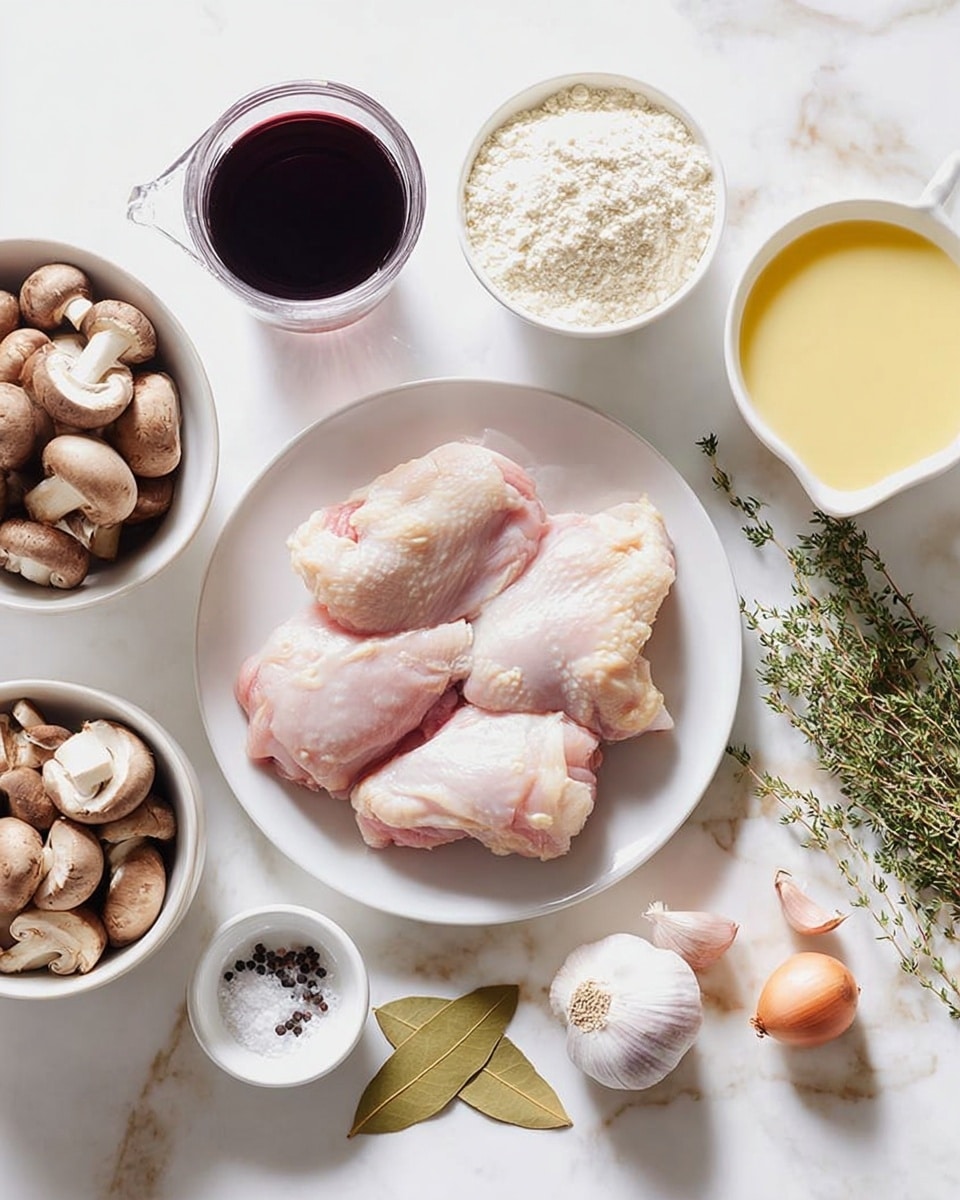 The image shows raw chicken pieces placed side by side on a white plate, centered on a white marbled surface. Around the plate, there are several small white bowls and glass containers holding different ingredients: a bowl of mixed mushrooms, a bowl of flour, a cup of dark red wine, a small jug of light yellow liquid (likely broth or sauce), and a bowl of creamy white substance. Fresh thyme sprigs are laid out to the right, along with whole garlic cloves and two small shallots near the bottom. A small white dish with salt and peppercorns and a cluster of bay leaves is also visible. The setting is bright and clean with natural light. Photo taken with an iphone --ar 4:5 --v 7
