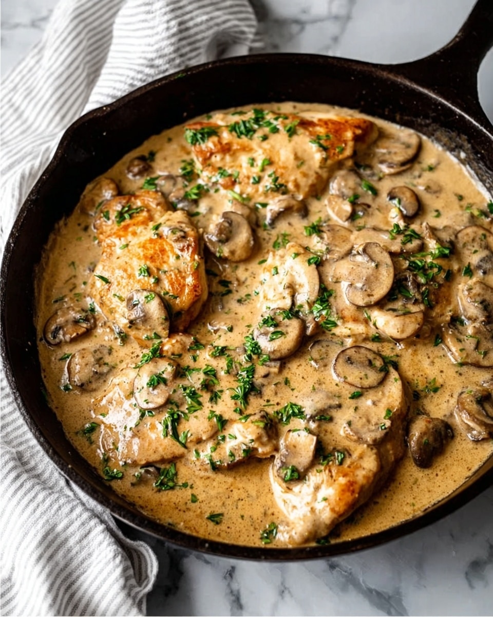 This image shows a black cast iron pan filled with cooked chicken covered in a thick light brown mushroom sauce. The sauce has many small round mushroom slices floating in it and is garnished with some green chopped herbs scattered on top. The pan rests on a white marbled surface, and there is a white and gray striped cloth folded next to it. The colors are warm and creamy with brown, beige, and white tones, and the textures include smooth sauce and tender chicken pieces. photo taken with an iphone --ar 4:5 --v 7