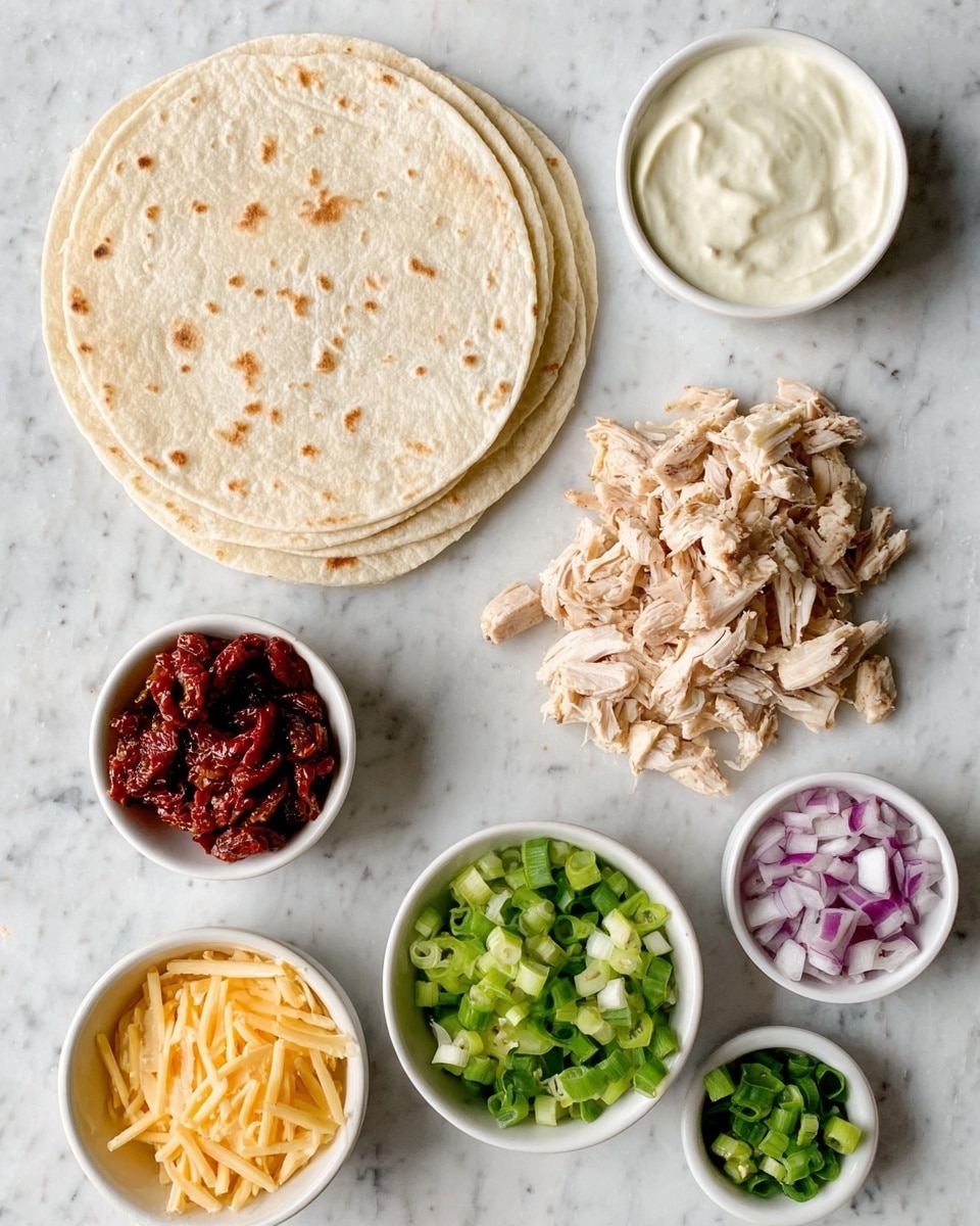 Four stacked quesadilla triangles are shown close up. Each quesadilla has two thin, golden-brown tortillas with charred spots on the outside. Between the tortillas, there is a thick filling made of creamy white and light orange cheese mixed with green chopped herbs. Some green herbs are sprinkled on top and around the quesadilla stack. The background is a white marbled surface. photo taken with an iphone --ar 4:5 --v 7