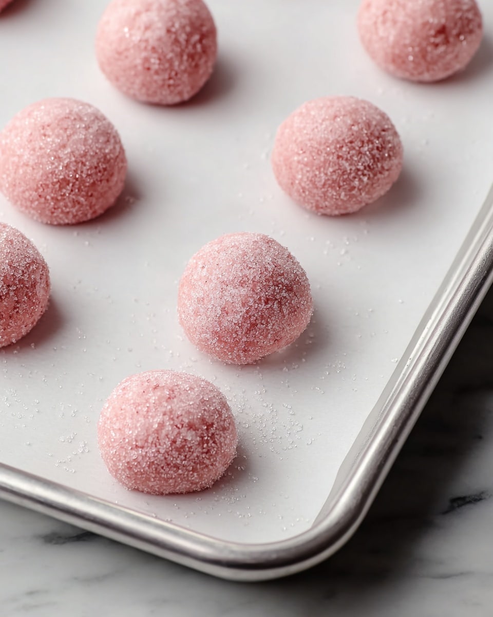 The image shows nine round, pink dough balls coated with coarse sugar crystals arranged in three rows on white parchment paper that lines a silver baking sheet. The dough balls have a smooth, slightly textured surface with a soft, powdery look from the sugar, and they sit evenly spaced from each other. The baking sheet is placed on a white marbled surface, which adds a clean and bright background to the scene. The lighting is soft, highlighting the sugar’s sparkle and the gentle pink color of the dough balls. photo taken with an iphone --ar 4:5 --v 7