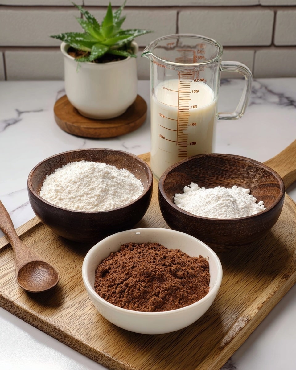 A wooden board holds three bowls and a wooden spoon. The front bowl is white and filled with brown cocoa powder, showing a rough texture. Behind it, there are two dark brown wooden bowls on each side; the left bowl has white sugar with a granular look, and the right bowl contains white flour with a powdery texture. A clear measuring cup with milk about halfway full sits on a small wooden coaster behind the bowls. In the background, a small white pot with a green plant is visible. The whole setup rests on a white marbled surface with a brick wall background. Photo taken with an iphone --ar 4:5 --v 7