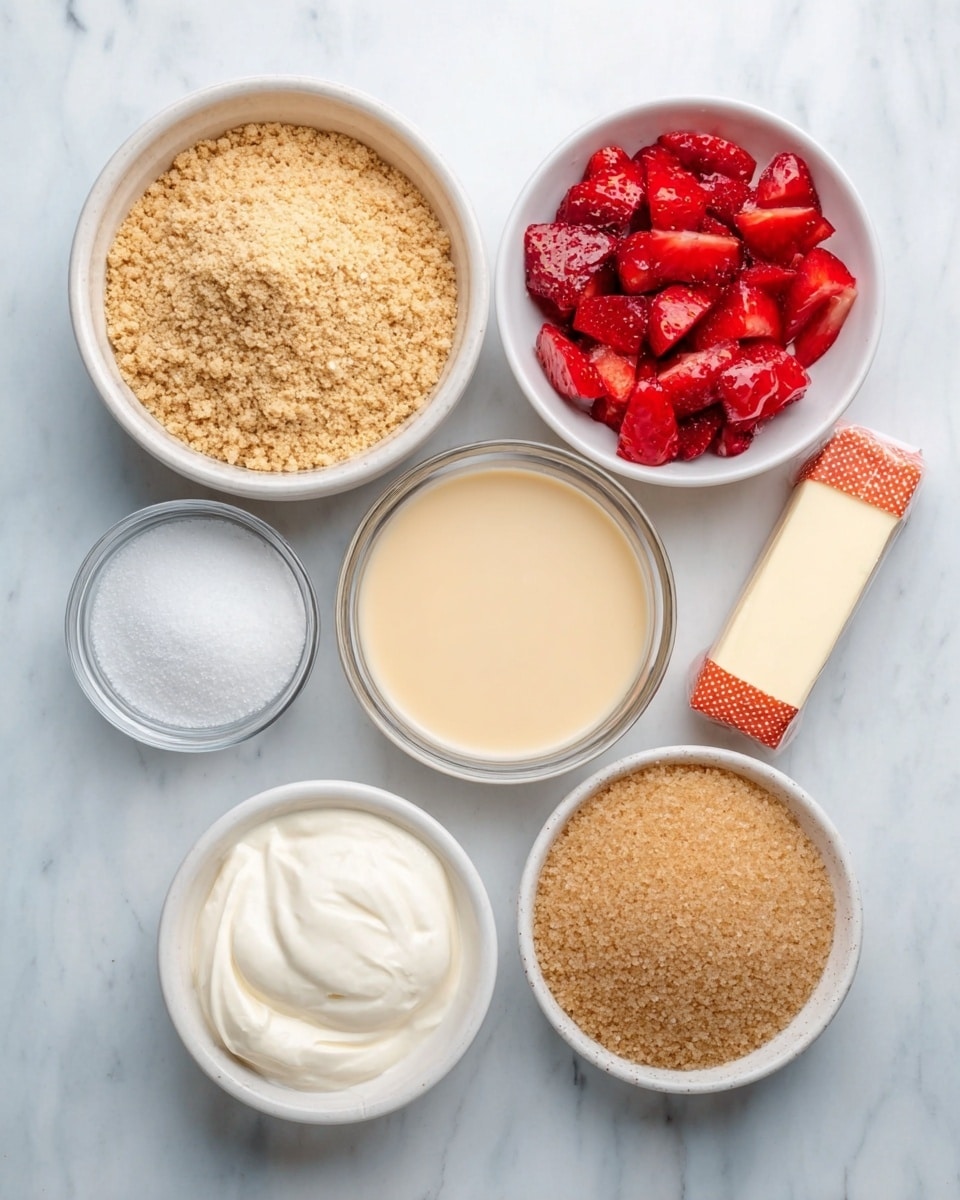 The image shows seven small white bowls arranged on a white marbled surface. Each bowl contains different ingredients: finely crushed light brown crumbs in the largest bowl on the left, fresh bright red chopped strawberries in the bowl at the top center, a pale creamy beige liquid in the bowl to the right of the strawberries, white granular sugar in the small bowl at the top left, smooth white cream in the bowl near the bottom center, a stick of butter wrapped in orange and white paper at the top right, and light brown granulated sugar in the small bowl at the bottom right. The bowls are neatly placed in a scattered yet balanced way, showing a variety of soft and granular textures. photo taken with an iphone --ar 4:5 --v 7