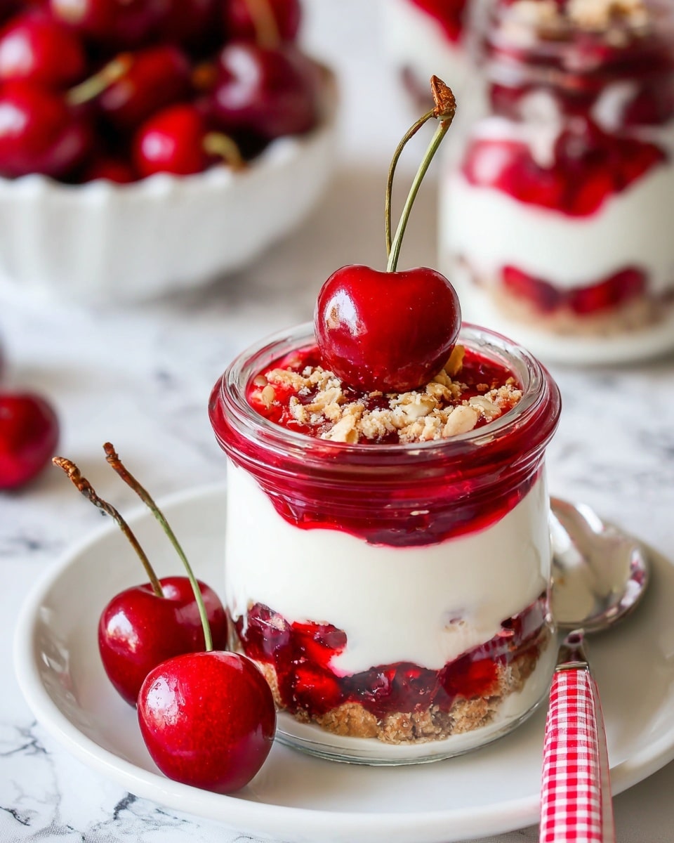 The image shows a small glass jar dessert with four layers. The bottom layer is light brown crumbs with a rough texture. Above it, there is a thick white creamy layer. The third layer is bright red cherry sauce with chunks of cherries. Above that is another thick white cream layer. On top, there is a layer of cherry sauce with some granola sprinkled and a whole shiny cherry with its stem standing up in the center. The jar is placed on a white plate with two whole cherries next to it, and there is a spoon with a red checkered handle on the plate. The background is a white marbled texture with a bowl full of cherries and another jar of the dessert blurred in the background. Photo taken with an iphone --ar 4:5 --v 7