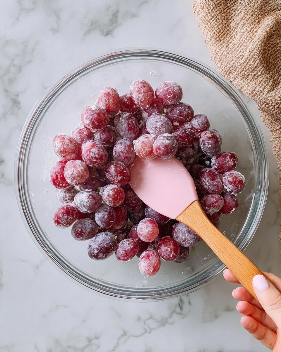A clear glass bowl on a white marbled surface filled with bright red grapes covered in white flour. A pink spatula with a wooden handle is stirring the grapes inside the bowl. A woman's hand is holding the spatula at the top right corner of the image. A textured beige cloth is partially visible in the upper right background. Photo taken with an iphone --ar 4:5 --v 7
