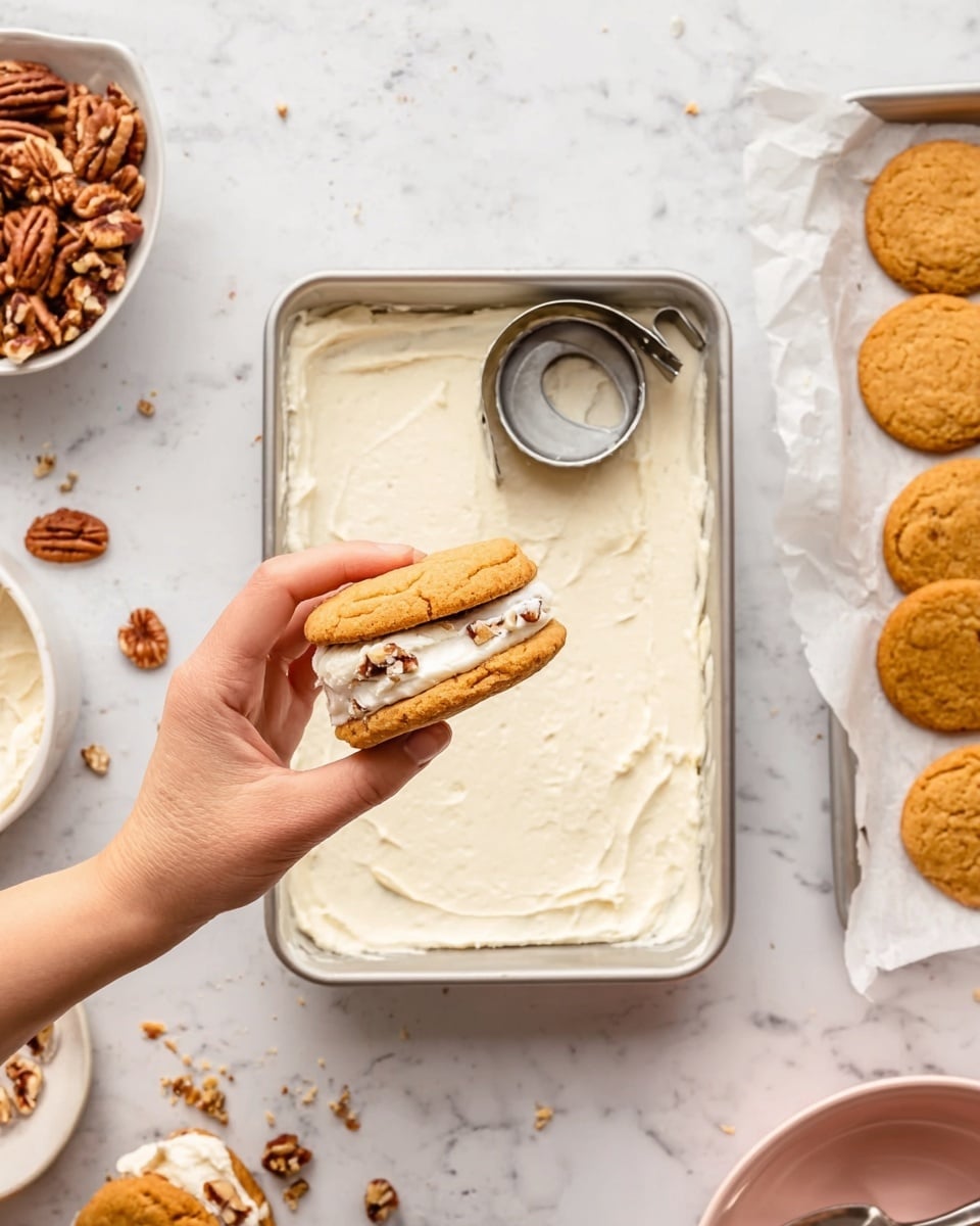 A woman's hand holds a cookie sandwich with two golden-brown cookies and a thick, creamy white layer of frosting in the middle, showing the side view of the creamy filling. Below the hand, there is a rectangular metal baking pan filled with a thick, smooth layer of white frosting spread evenly, with some pieces of nuts visible inside the frosting. A round metal cookie cutter rests on the frosting in the pan, with a marked circle showing where the cookie sandwich was formed. On the white marbled surface, there is a small white bowl filled with pecans on the left side and scattered nuts around it. To the right, there is a white tray lined with parchment paper holding more sandwich cookies stacked in neat rows. Near the bottom left corner, a white bowl contains some cookies, and near the bottom right corner, a light pink bowl with a metal spoon is visible. The overall scene is bright and inviting with a clean white marbled background. photo taken with an iphone --ar 4:5 --v 7