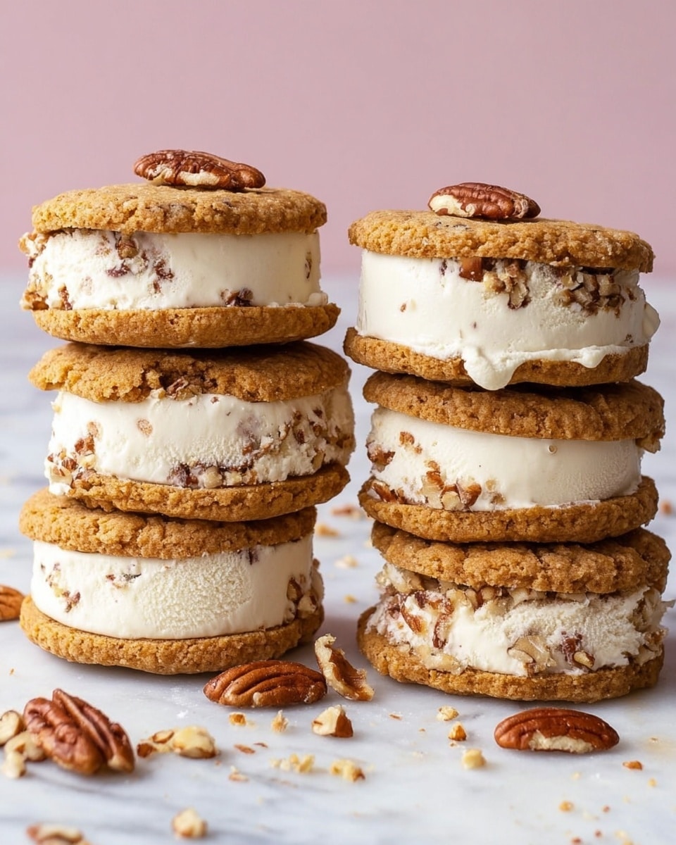 There are six ice cream sandwiches made with two golden-brown cookies each and a thick layer of white ice cream with small brown nut bits in between. The cookies have a rough texture with visible oat flakes and whole pecans on top. The ice cream layer looks smooth, slightly melting in some places. The sandwiches are arranged in two stacks on a white marbled surface, with some small broken nut pieces scattered around. The background is soft pink, making the ice cream sandwiches stand out clearly. photo taken with an iphone --ar 4:5 --v 7