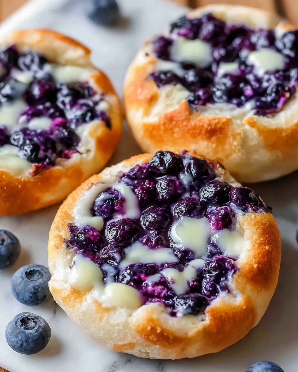 The image shows three small round pastries with a golden-brown, soft bread base that has a slightly crispy and puffy texture around the edges. Each pastry has a topping layer of glossy, deep purple blueberries mixed with melted white cream or cheese, which fills the center and seeps slightly into the bread. The blueberries have a shiny, juicy look, contrasting with the smooth and creamy white spots, creating a vibrant mix of colors on top of the warm bread. The pastries are placed on a white marbled surface with a few loose blueberries scattered around. photo taken with an iphone --ar 4:5 --v 7
