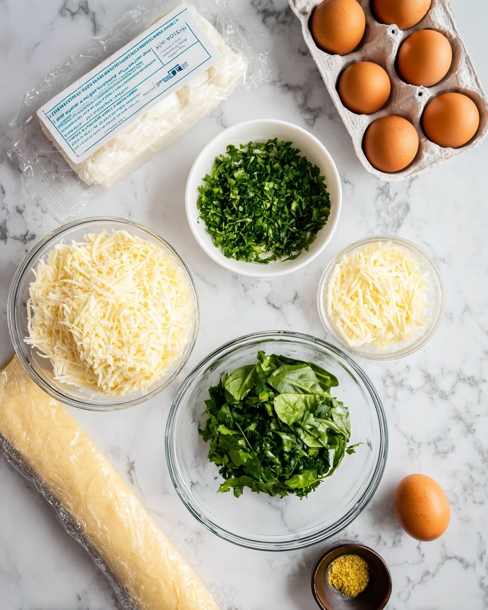 The image shows several ingredients placed neatly on a white marbled surface. In the center, there are two clear glass bowls, one filled with shredded white cheese and the other with fresh green chopped spinach. Beside them is a small white bowl filled with chopped green herbs, and a smaller glass bowl with more shredded cheese. Two brown eggs sit in a white egg holder at the top right. Near the bottom left, there is a rolled pastry dough wrapped partly in paper. A small dark bowl containing yellow seasoning sits near the bottom right. In the top left corner, a rectangular package wrapped in foil with blue text is visible. photo taken with an iphone --ar 4:5 --v 7
