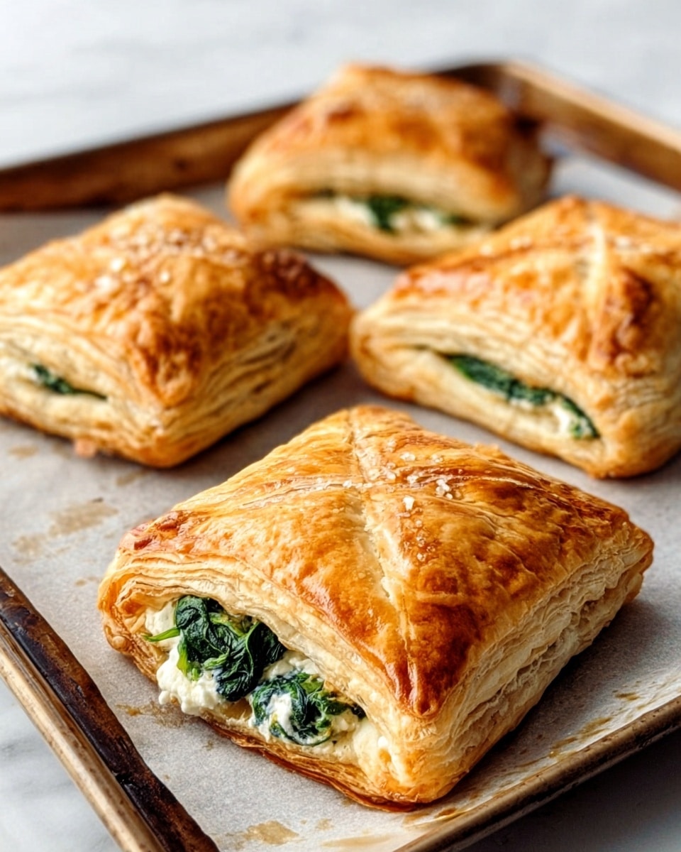 The image shows four puff pastry pockets on a baking tray lined with baking paper, placed on a white marbled surface. Each pastry is golden brown and flaky with a crispy texture. The pocket near the front is open, showing two layers inside: a creamy white layer mixed with green spinach leaves, giving a fresh look inside the flaky crust. The pastries have a slightly shiny top with small lines showing the layers of the puff pastry. photo taken with an iphone --ar 4:5 --v 7