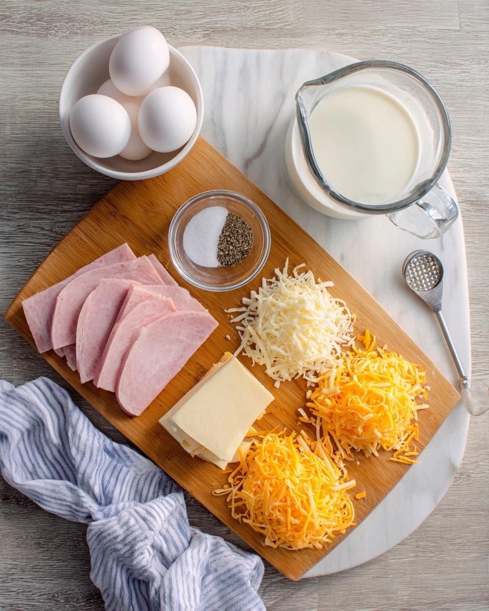 A wooden board sits on a white marbled texture surface, holding several cooking ingredients arranged neatly. On the board, to the left, there are four folded slices of pink ham. Next to the ham, there is a small glass bowl with salt and pepper. To the right of the bowl, there are three layers of cheese: a small slice of white cheese, a pile of shredded white cheese beside it, and a pile of shredded orange cheese furthest to the right. Above the board, a clear glass pitcher with white milk is placed. To the left of the board, there are two white bowls; the upper one is empty, and the lower one holds six white eggs. A small measuring spoon is placed between the bowls and the board, along with a white and blue striped kitchen towel. Photo taken with an iphone --ar 4:5 --v 7
