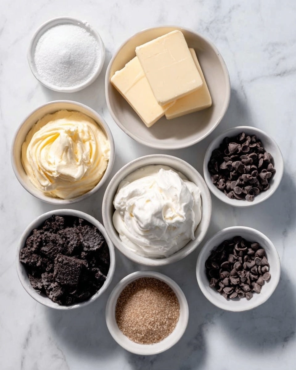 The image shows seven small white bowls arranged on a white marbled surface, each holding different ingredients. The top left bowl has dark crushed cookies, the top middle bowl contains two square pieces of butter, and the top right bowl is filled with a creamy white whipped substance. Below, starting from the left, there is a bowl with a light cream mixture, a small bowl of white granulated sugar in the center, a small bowl with brown sugar or cinnamon near the bottom middle, and a bowl of small chocolate chips on the right side. Soft shadows fall gently around the bowls. Photo taken with an iphone --ar 4:5 --v 7