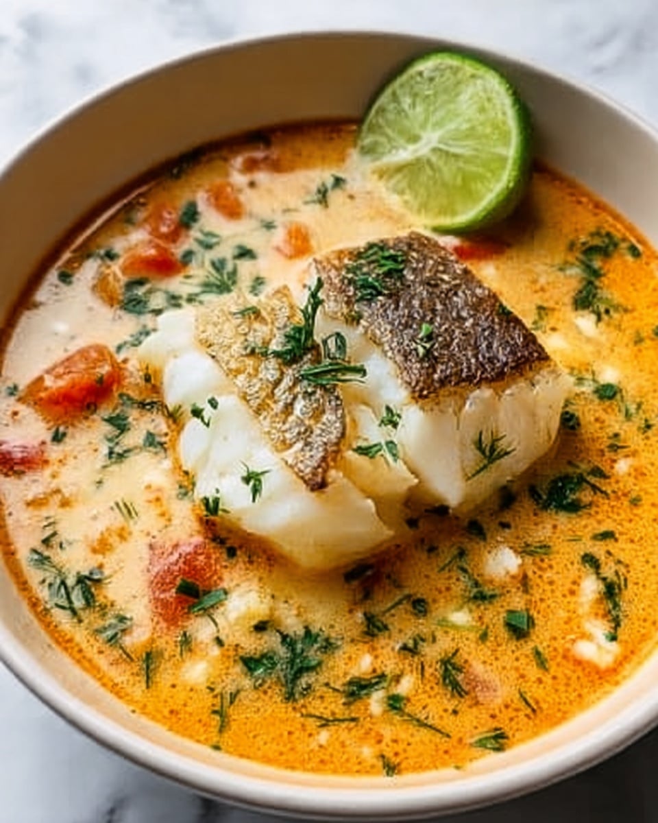 A white bowl filled with a creamy orange soup with small pieces of white fish sitting on top, showing a slightly browned skin on the top layer. The soup has visible small chunks of tomato, herbs, and white grains scattered throughout. On the edge of the bowl, there is a bright green lime half resting. Small green herb leaves are sprinkled over the fish and soup, adding a fresh touch. The bowl is placed on a white marbled surface. photo taken with an iphone --ar 4:5 --v 7