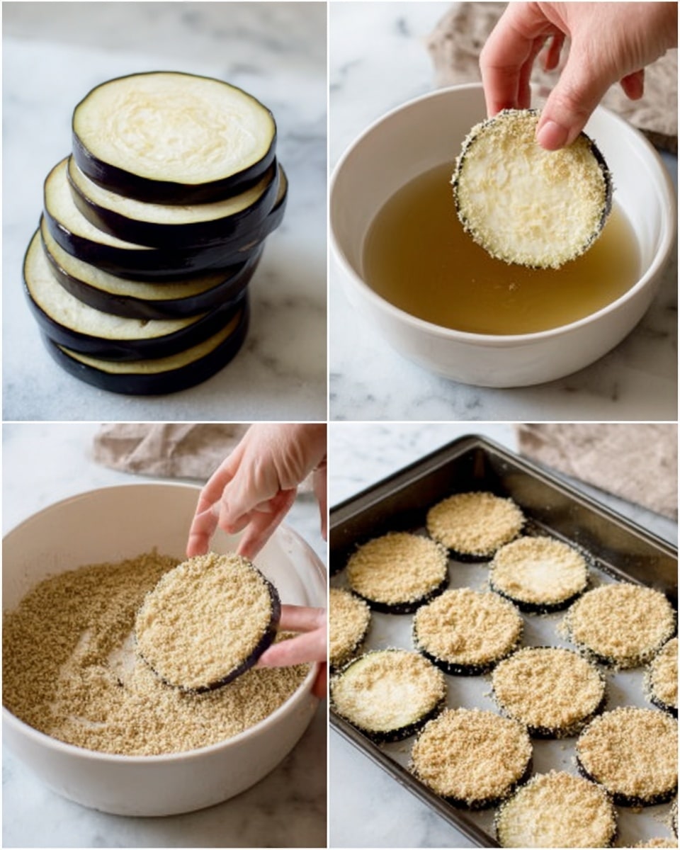 The image shows a step-by-step process of preparing round eggplant slices for cooking. The first part displays a stack of eggplant slices, each with a smooth purple skin and pale, off-white inside, stacked on a white marbled surface. Next, a woman's hand dips one eggplant slice into a shallow white bowl filled with light brown liquid. The third step shows the same woman's hand pressing the soaked eggplant slice into a white bowl with a coarse, crumbly beige breadcrumb mixture, coating its surface evenly. Finally, the breaded eggplant slices are arranged in three rows inside a dark baking pan, ready to be cooked. Photo taken with an iphone --ar 4:5 --v 7