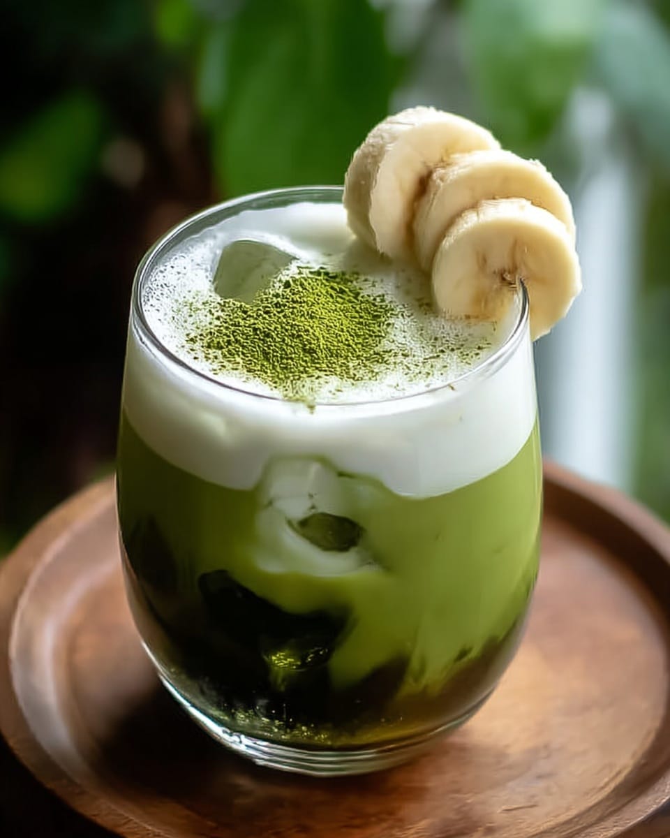 A clear glass filled with a green matcha drink has three visible layers: the bottom dark green layer, a lighter green middle layer with ice cubes, and a thick white foam on top. The foam is sprinkled with fine green matcha powder and topped with two banana slices leaning on the glass's edge. The glass sits on a round wooden surface with a blurred background showing green elements. photo taken with an iphone --ar 4:5 --v 7