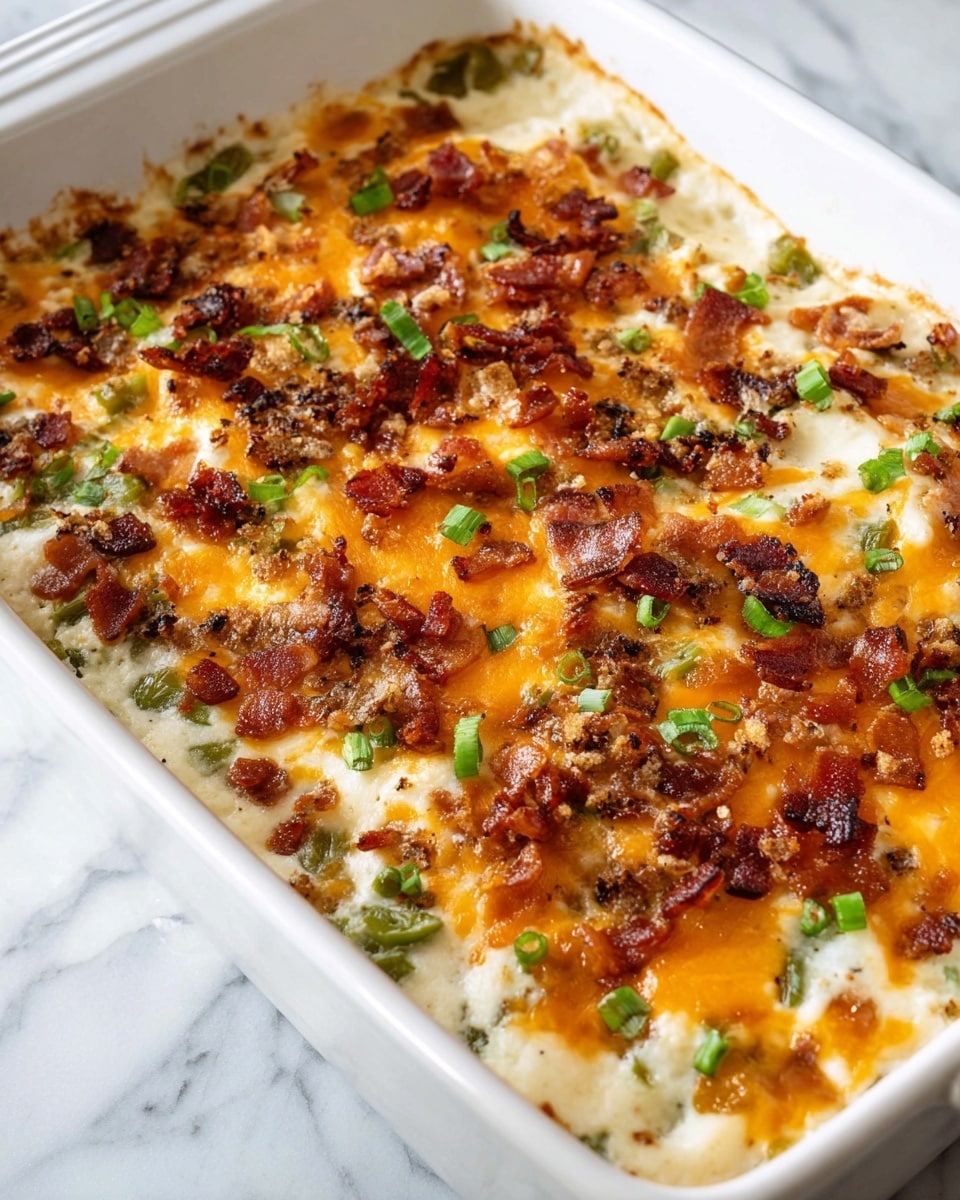 The image shows a white rectangular dish full of a baked casserole with three visible layers. The bottom layer is creamy and slightly browned around the edges. The middle layer includes chopped green peppers that add a fresh green color and some soft texture. The top layer is a mix of melted orange cheese and crispy small pieces of browned bacon, scattered all over to create a crunchy texture and a rich color contrast. The dish sits on a white marbled surface with some light reflections on the casserole’s creamy layers photo taken with an iphone --ar 4:5 --v 7