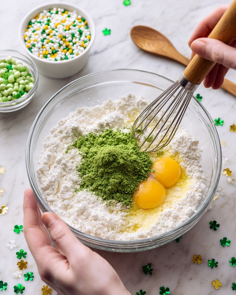 A clear glass bowl sits on a white marbled surface sprinkled with green shiny shamrock confetti and small white and yellow beads. Inside the bowl, there is a white powder layer of flour mixed with some yellowish softened butter. On top of the flour, there is a small mound of bright green powder. Two fresh egg yolks rest in the flour mixture near the bottom right of the bowl. A woman's hand holds the bowl steady on the left side, while the other woman's hand stirs the mixture with a whisk that has a wooden handle. The background includes a small white bowl filled with white and green beads and a small glass bowl with more bright green powder, along with a wooden spoon. Photo taken with an iphone --ar 4:5 --v 7