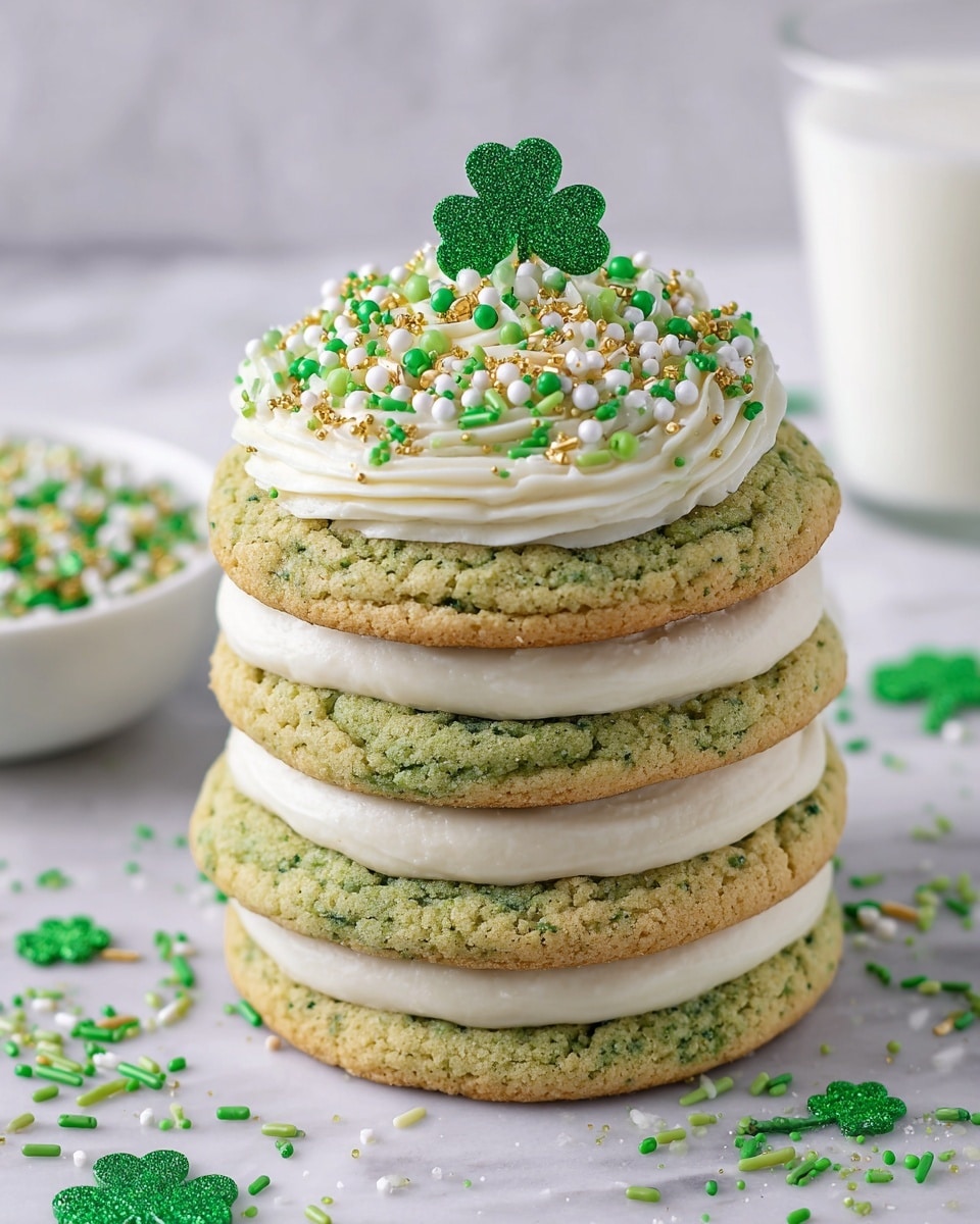 A tall stack of four large, soft green cookies with visible crumbly texture is shown, each separated by a thick, even layer of smooth white cream frosting. The top cookie has a generous swirl of white frosting sprinkled with green, white, and gold round and shaped sprinkles. A glittery green shamrock decoration is placed at the center of the top frosting. Around the base of the cookie stack, small green shamrock-shaped sprinkles and other confetti are scattered on a white marbled surface, with a blurred white bowl of sprinkles and a glass of milk in the background. Photo taken with an iphone --ar 4:5 --v 7