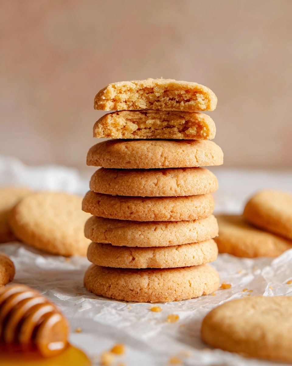 A stack of eight round cookies is placed on crumpled white paper, with two halves of a broken cookie resting on top, showing a light golden-brown and crumbly texture inside. The cookies have a smooth, slightly rough surface and a light, warm beige color. Around the stack, more whole cookies lay flat on the white marbled surface, adding depth. In the foreground, there is a blurred honey dipper, adding a soft wooden texture and warm tone to the scene. The background is softly blurred in neutral light brown tones. photo taken with an iphone --ar 4:5 --v 7