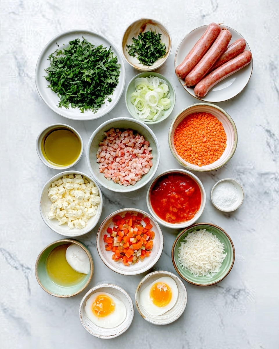The image shows many small white bowls and plates arranged on a white marbled surface. Each bowl holds different ingredients: chopped fresh herbs, olive oil, raw sausages, green onions, minced garlic, red lentils, diced carrots, tomato sauce, chopped feta cheese, broth, and some small grains or rice. There are also two halves of boiled eggs with the yolks visible. The bowls and plates are neatly spaced and the colors range from green, orange, red, and white, giving a fresh and clean look. A woman's hand is seen partly holding one bowl of herbs on the top left. photo taken with an iphone --ar 4:5 --v 7