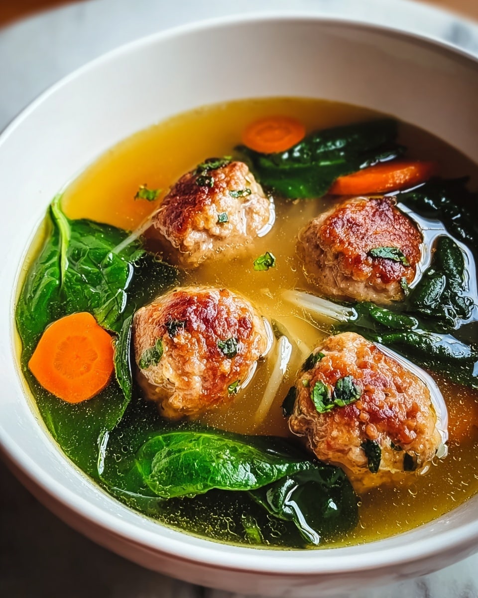 A white bowl holds a clear golden broth filled with three browned meatballs that have small bits of green herbs on them. Around the meatballs are bright orange carrot slices and large dark green leafy vegetables floating in the soup. The broth has a slightly oily surface glistening in the light, and some light-colored thin strands, possibly noodles or shredded chicken, are visible beneath. The bowl sits on a white marbled surface. photo taken with an iphone --ar 4:5 --v 7