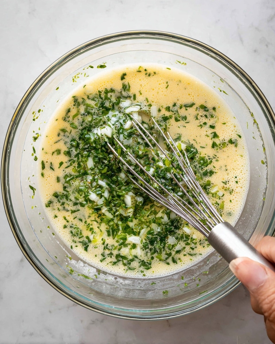 A clear glass bowl sits on a white marbled surface, filled with a light yellow foamy mixture that has finely chopped green herbs and white onion pieces floating on top. A silver whisk, partially submerged in the mixture, is held by a woman's hand at the bottom of the bowl, showing thin green bits clinging to the whisk wires. The mixture’s texture looks airy and slightly bubbly with bright green herb clusters scattered unevenly across the surface. photo taken with an iphone --ar 4:5 --v 7
