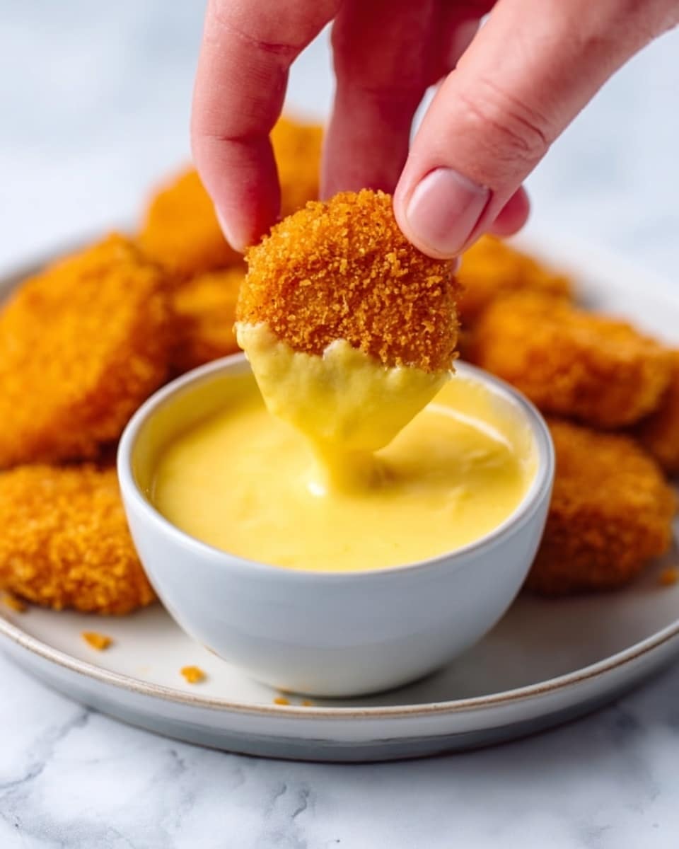 A woman's hand holding a small, round golden brown nugget dipping it into a small white bowl filled with thick, creamy yellow sauce. The bowl is set on a larger white plate on a white marbled surface. The sauce looks smooth and rich, while the nugget has a crispy texture with small crumbs. Some nuggets are visible in the background, slightly out of focus. photo taken with an iphone --ar 4:5 --v 7