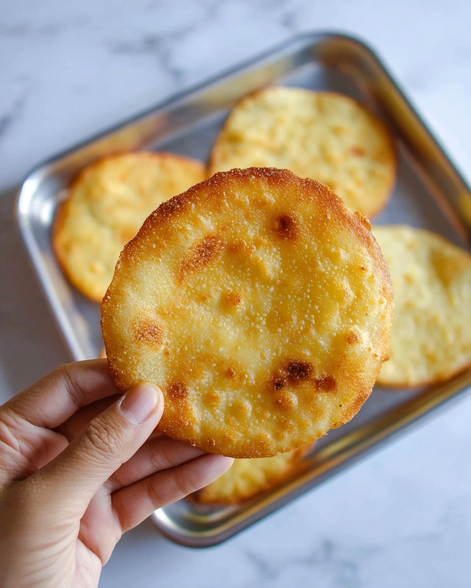 The image shows a golden-brown, crispy flat round piece of fried dough held by a woman's hand in the foreground. It has a slightly bubbly surface texture with small air pockets and a few darker toasted spots. In the background, there is a silver baking tray with four more similar flat rounds, all resting on a white marbled surface. The focus is sharp on the piece held up, while the tray and other pieces are softly blurred. The overall color palette is warm with the golden dough contrasting against the cool silver tray and white marble. Photo taken with an iphone --ar 4:5 --v 7
