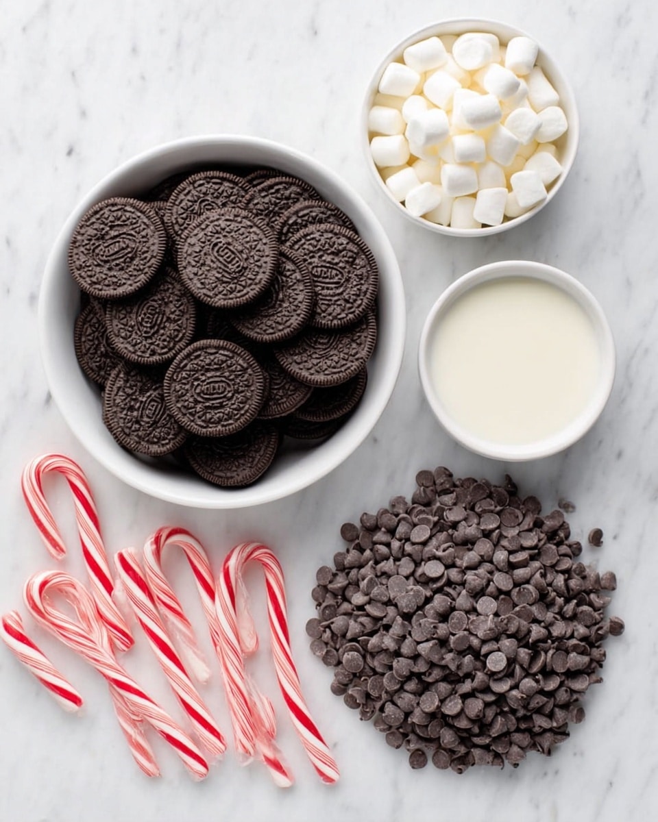 The image shows a white bowl filled with dark chocolate sandwich cookies arranged in neat layers, with a white bowl of small white marshmallows placed above it and a small white bowl of white liquid to the right of the marshmallows. To the bottom left of the cookies, there are four candy canes with red and white stripes fanned out slightly, and at the bottom right, a large mound of small dark chocolate chips is piled high. The whole scene is set on a white marbled surface, creating a clean and bright background. Photo taken with an iphone --ar 4:5 --v 7