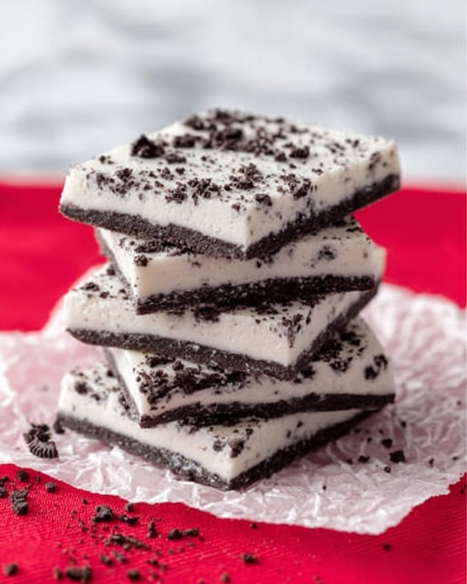 The image shows a stack of five layered dessert pieces on a crinkled white paper. Each piece has a base layer of white creamy texture, topped with a thin layer of crushed dark cookie bits, giving a speckled black and white effect. The edges of the pieces are straight and clean, showing even layers. The background features a bright red cloth, while the surface is a white marbled texture. photo taken with an iphone --ar 4:5 --v 7