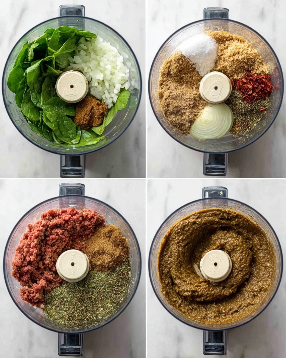 The image is divided into four parts, each showing a clear food processor bowl viewed from above on a white marbled surface. The top left part shows the bowl filled with separate layers: fresh green spinach leaves on the left, chopped white onions on the right, light brown crumbs at the top, and a mix of dried herbs and red chili flakes at the bottom. The top right part shows these ingredients blended together into a coarse, grainy, greenish mixture evenly spread in the bowl. The bottom left part shows the same greenish mixture with added raw red ground meat and a sprinkle of white salt on top. The bottom right part shows the final blended mixture, now smooth and thick, with a consistent brown color evenly spread on the sides of the bowl around the central blade. photo taken with an iphone --ar 4:5 --v 7