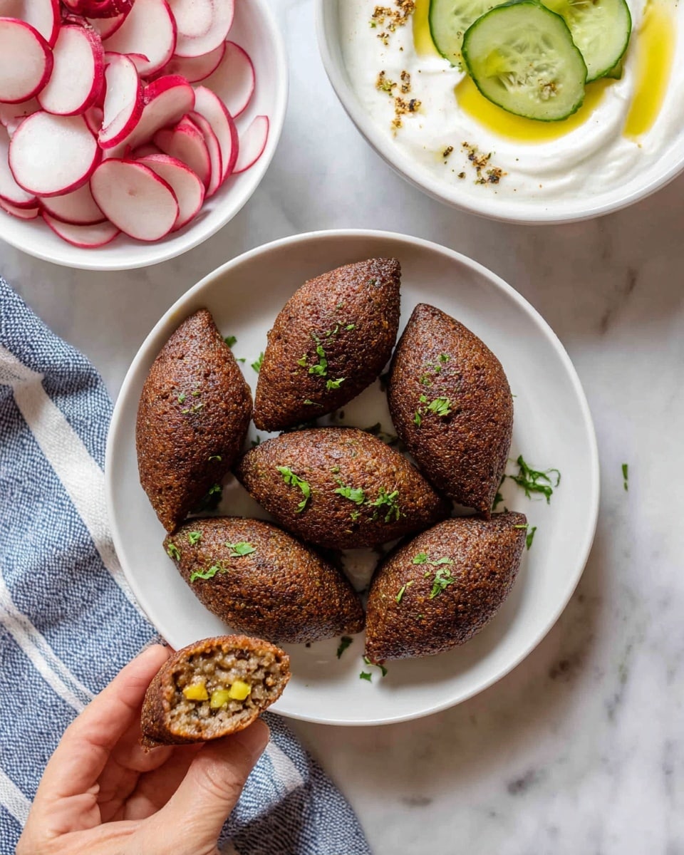 A white plate holds several dark brown, oval-shaped kibbeh with a slightly rough texture, sprinkled with chopped green herbs. Below the plate, a woman's hand holds one kibbeh showing a filled inside with a minced meat mixture that also contains small yellow pieces. To the left, there is a white bowl of sliced red radishes, and in front is a white bowl of creamy yogurt sauce with green specks and three cucumber slices on top, with a light drizzle of olive oil. All items are placed on a white marbled surface with a blue and white cloth partially visible under the kibbeh plate photo taken with an iphone --ar 4:5 --v 7