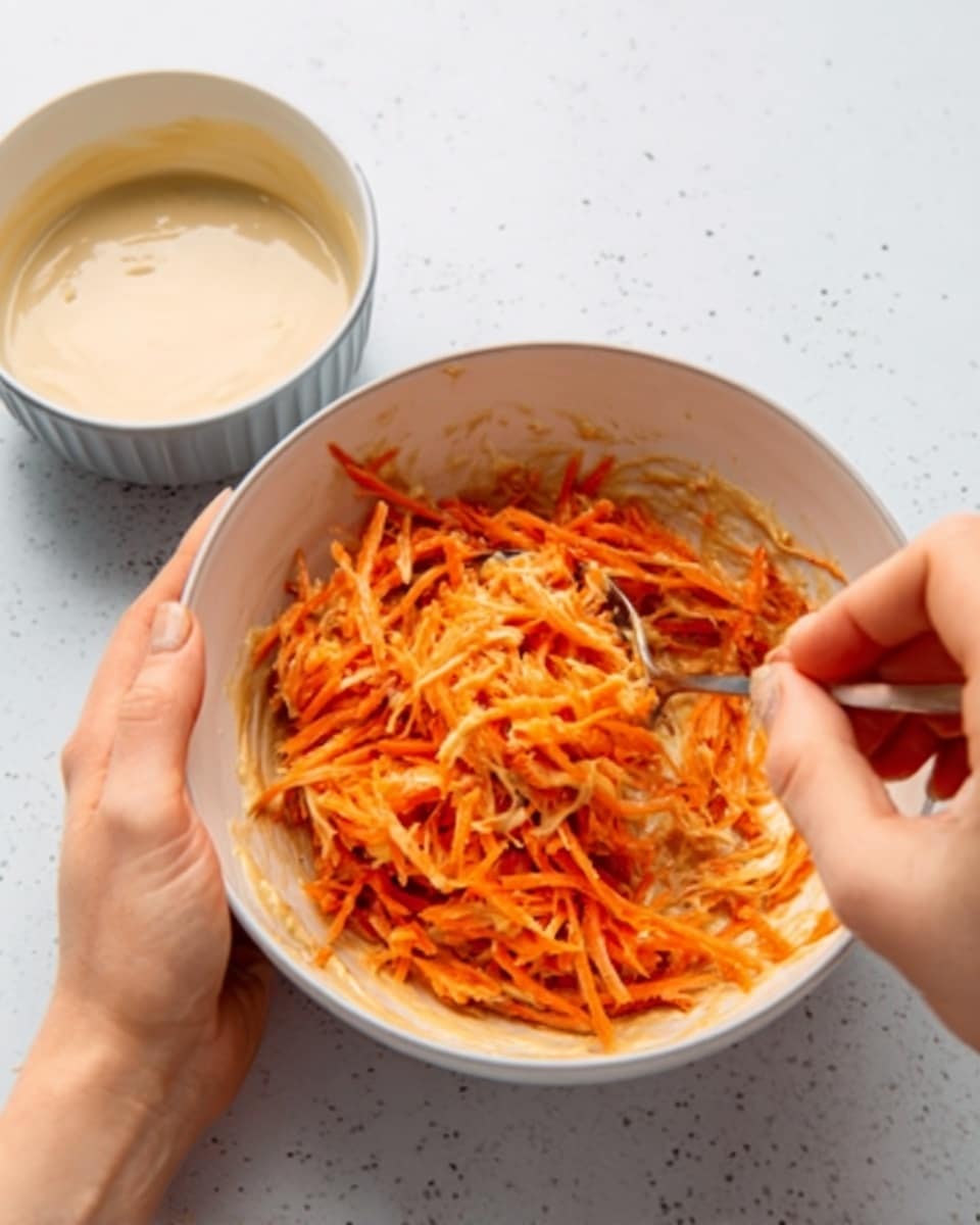 A white bowl sits on a white marbled surface filled with a mix of shredded bright orange carrots and a creamy beige sauce. A woman's hand is holding a spoon inside the bowl, stirring the ingredients together, while the other woman's hand steadies the bowl. In the background, a smaller white bowl contains a smooth light cream-colored mixture, slightly out of focus. The scene is bright and clean, emphasizing the texture of the carrots and creamy sauce photo taken with an iphone --ar 4:5 --v 7