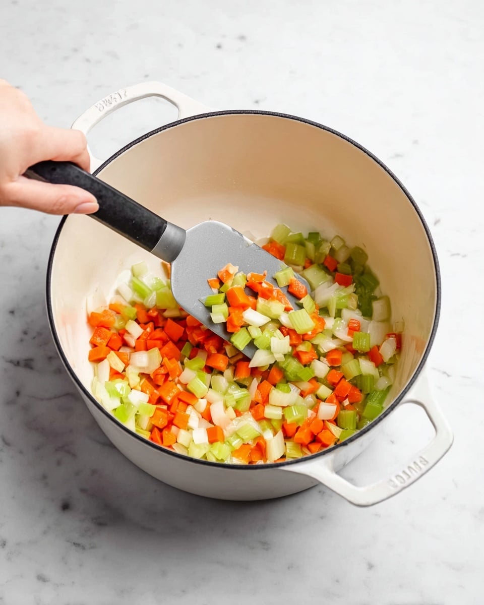 A white pot with a black rim holds small diced vegetables being stirred with a flat metal spatula that has a black handle. The vegetables include bright orange carrot pieces, light green celery slices, and small white onion chunks. A woman's hand grips the spatula, mixing the colorful vegetables inside the pot. The pot sits on a white marbled surface, and soft natural light highlights the fresh texture of the vegetables. photo taken with an iphone --ar 4:5 --v 7