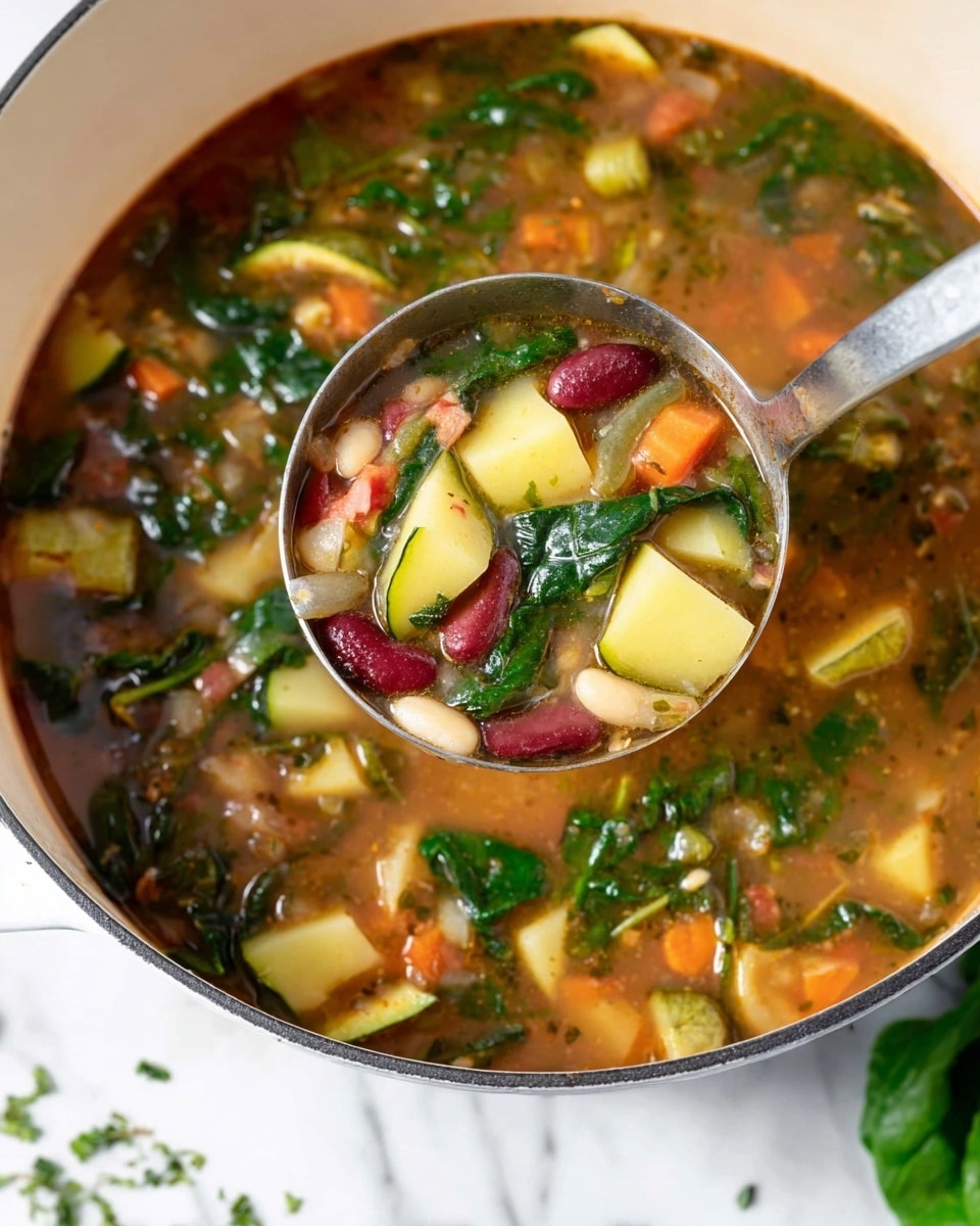 A close-up of a white pot filled with vegetable soup showing layers of light yellow potato chunks, dark green spinach leaves, red kidney beans, orange carrot pieces, and small white beans mixed in a light brown broth. The soup has a mix of textures from soft cooked vegetables and leafy greens. A metal ladle lifts some soup in the center, highlighting the different layers and colors of the ingredients. The pot sits on a white marbled surface with bits of green herbs scattered around. photo taken with an iphone --ar 4:5 --v 7