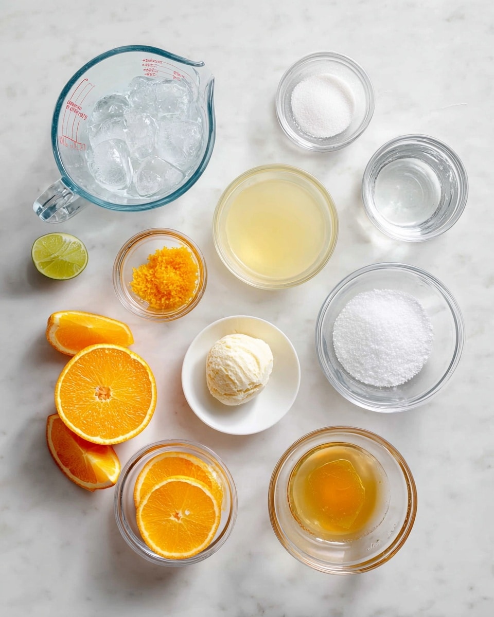 The image shows ten small glass containers arranged neatly on a white marbled surface. There is a clear glass measuring cup filled with ice cubes on the left side. Next to it, there is a glass bowl with a pale yellow liquid and a small bowl of white granulated sugar to the top right. Moving clockwise, there is another bowl holding clear water, a small bowl with orange zest, a tiny white plate holding a lime wedge, and a glass bowl containing a scoop of vanilla ice cream melting slightly. Below is a glass container with several bright orange slices and another with a golden honey-like liquid near the bottom left. Lastly, there is a glass bowl filled with granulated sugar between the orange zest and orange slices. The setup is clean and organized. photo taken with an iphone --ar 4:5 --v 7